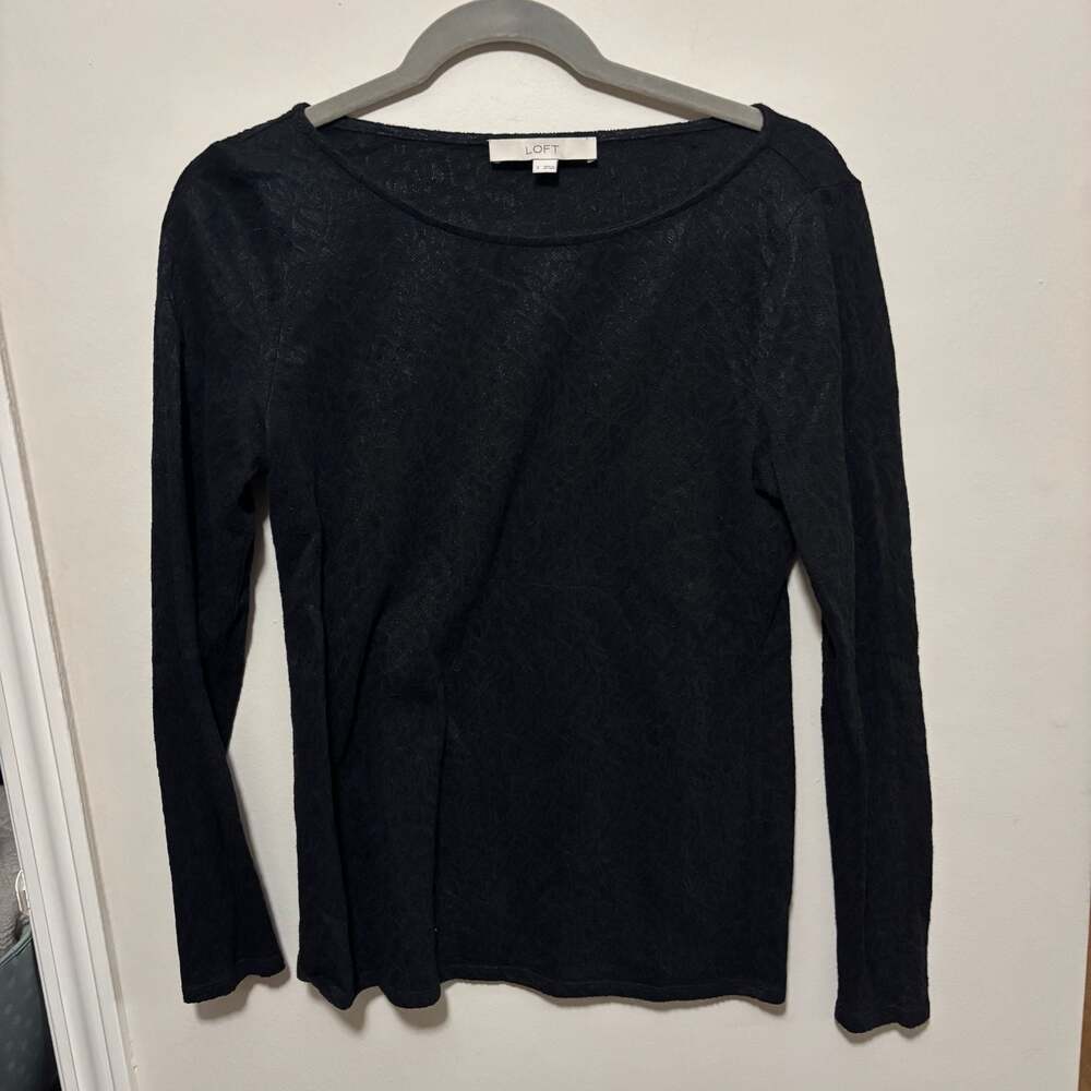 LOFT Black Floral Textured Crew Neck Long Sleeve Knit Top